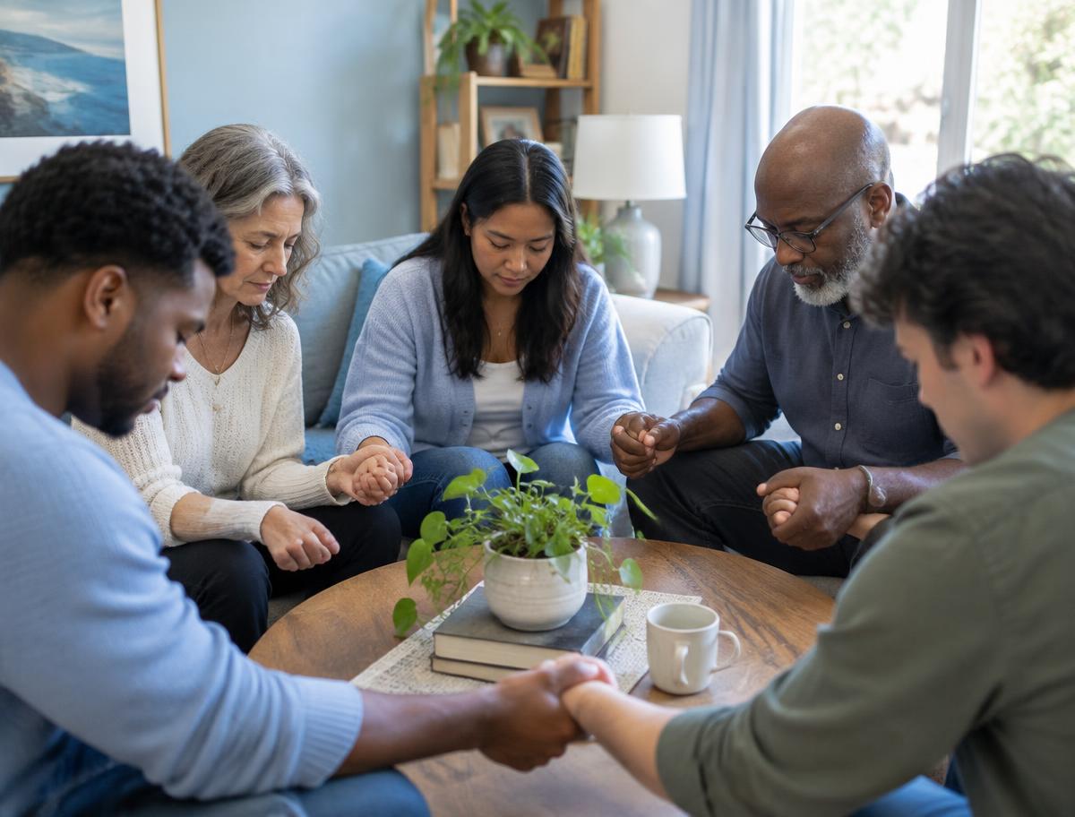 A small, diverse group holding hands and praying together in a living room